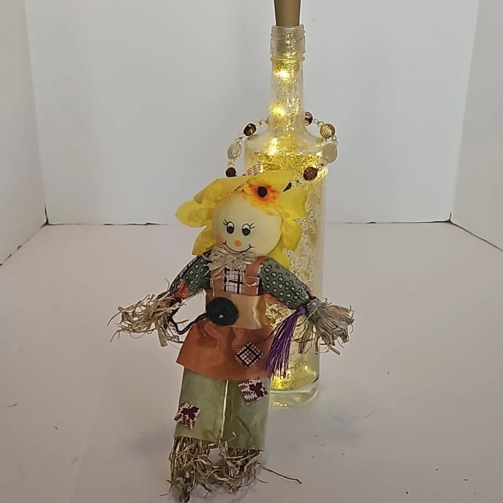 Hand Crafted Upcycled Fall Bottle Art Floral Sunflower Scarecrow Lighgt- up